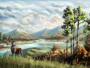 Preview wallpaper deer, horns, river, mountains, art