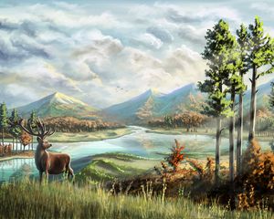 Preview wallpaper deer, horns, river, mountains, art