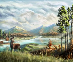 Preview wallpaper deer, horns, river, mountains, art