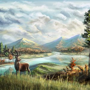 Preview wallpaper deer, horns, river, mountains, art
