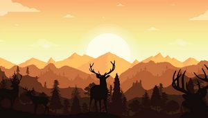 Preview wallpaper deer, horns, silhouette, mountains, art