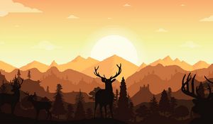 Preview wallpaper deer, horns, silhouette, mountains, art