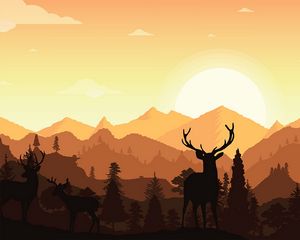 Preview wallpaper deer, horns, silhouette, mountains, art