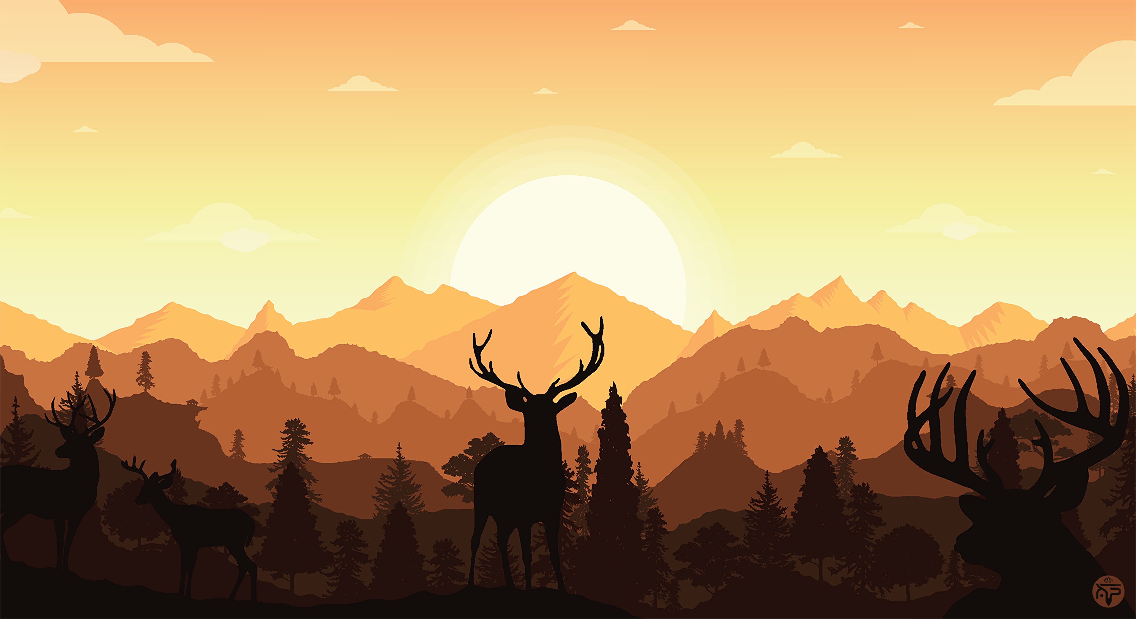 Download wallpaper 3840x2094 deer, horns, silhouette, mountains, art hd