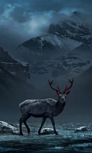 Preview wallpaper deer, mountains, art, gloomy, fog