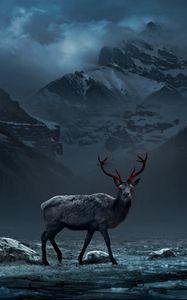 Preview wallpaper deer, mountains, art, gloomy, fog