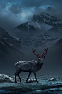 Preview wallpaper deer, mountains, art, gloomy, fog