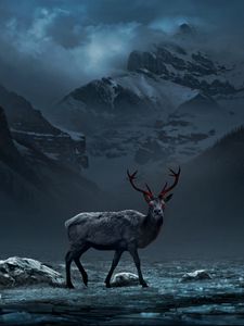 Preview wallpaper deer, mountains, art, gloomy, fog