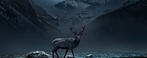 Preview wallpaper deer, mountains, art, gloomy, fog