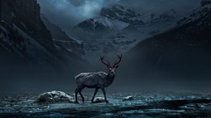 Preview wallpaper deer, mountains, art, gloomy, fog