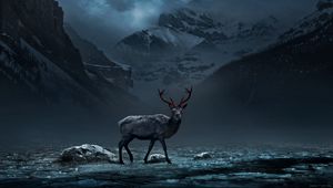 Preview wallpaper deer, mountains, art, gloomy, fog