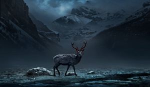 Preview wallpaper deer, mountains, art, gloomy, fog