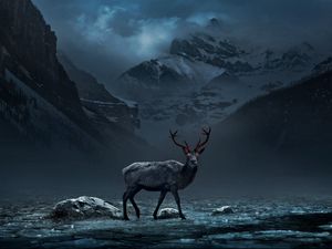 Preview wallpaper deer, mountains, art, gloomy, fog