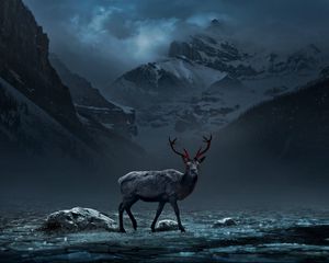 Preview wallpaper deer, mountains, art, gloomy, fog