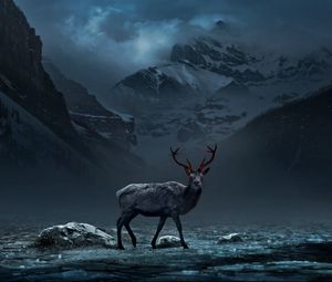 Preview wallpaper deer, mountains, art, gloomy, fog