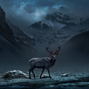 Preview wallpaper deer, mountains, art, gloomy, fog