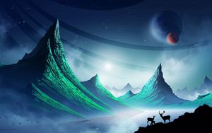 Preview wallpaper deer, mountains, art, landscape, night, space