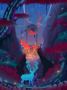 Preview wallpaper deer, mutant, art, future, city, nature