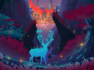 Preview wallpaper deer, mutant, art, future, city, nature