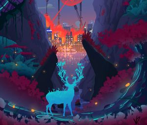 Preview wallpaper deer, mutant, art, future, city, nature