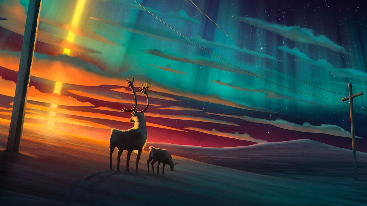 Wallpaper deer, night, art, starry sky, meteorite
