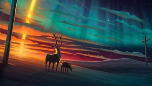 Preview wallpaper deer, night, art, starry sky, meteorite