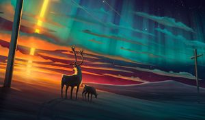 Preview wallpaper deer, night, art, starry sky, meteorite