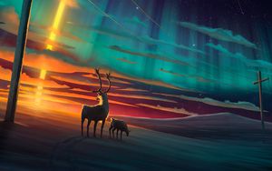 Preview wallpaper deer, night, art, starry sky, meteorite