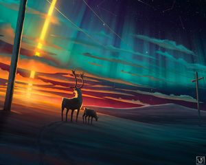 Preview wallpaper deer, night, art, starry sky, meteorite