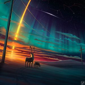 Preview wallpaper deer, night, art, starry sky, meteorite