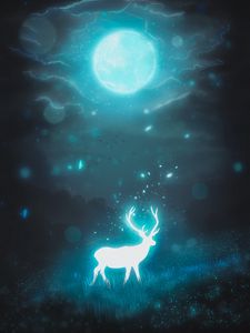 Preview wallpaper deer, night, moon, glow, glare