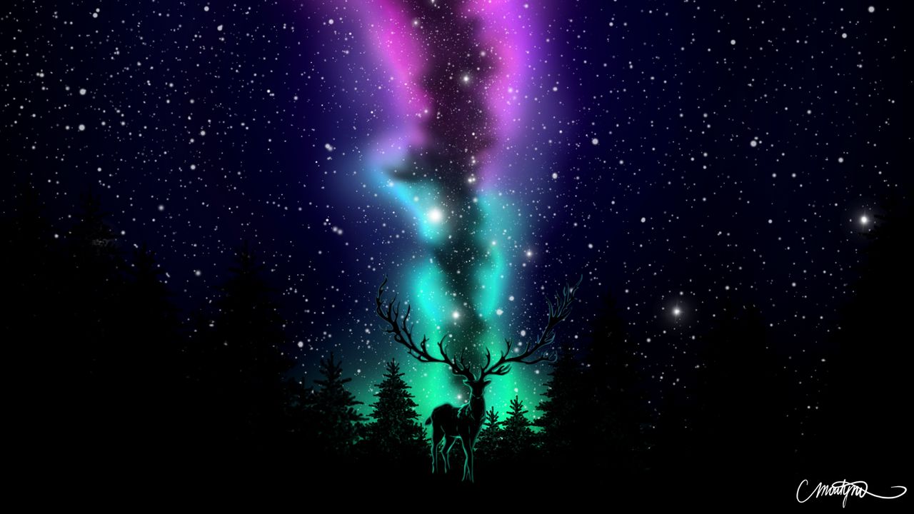 Wallpaper deer, northern lights, art, dark, forest