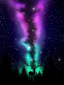 Preview wallpaper deer, northern lights, art, dark, forest