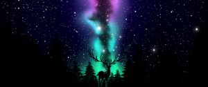 Preview wallpaper deer, northern lights, art, dark, forest