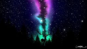 Preview wallpaper deer, northern lights, art, dark, forest