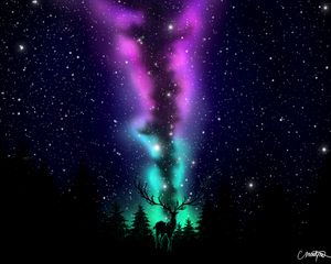 Preview wallpaper deer, northern lights, art, dark, forest