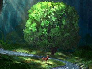 Preview wallpaper deer, river, forest, art