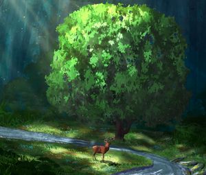 Preview wallpaper deer, river, forest, art