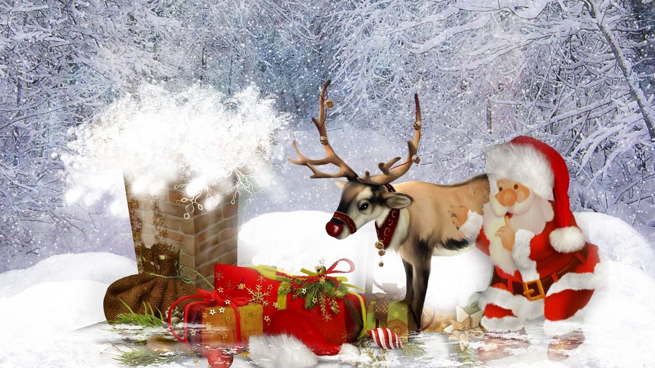Wallpaper deer, santa claus, pipe, roof, gifts, christmas