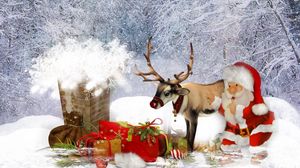Preview wallpaper deer, santa claus, pipe, roof, gifts, christmas