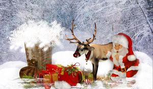 Preview wallpaper deer, santa claus, pipe, roof, gifts, christmas