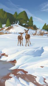 Preview wallpaper deer, shore, snow, winter, wildlife, art