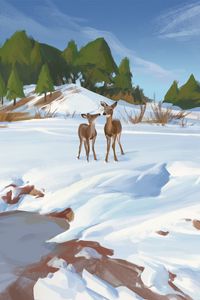 Preview wallpaper deer, shore, snow, winter, wildlife, art