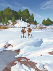 Preview wallpaper deer, shore, snow, winter, wildlife, art