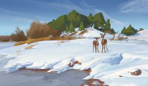 Preview wallpaper deer, shore, snow, winter, wildlife, art