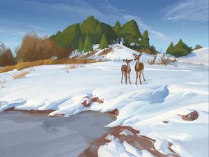 Preview wallpaper deer, shore, snow, winter, wildlife, art