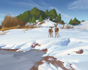Preview wallpaper deer, shore, snow, winter, wildlife, art