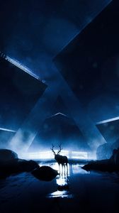Preview wallpaper deer, silhouette, animal, glow, darkness, dark