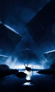 Preview wallpaper deer, silhouette, animal, glow, darkness, dark