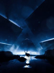 Preview wallpaper deer, silhouette, animal, glow, darkness, dark